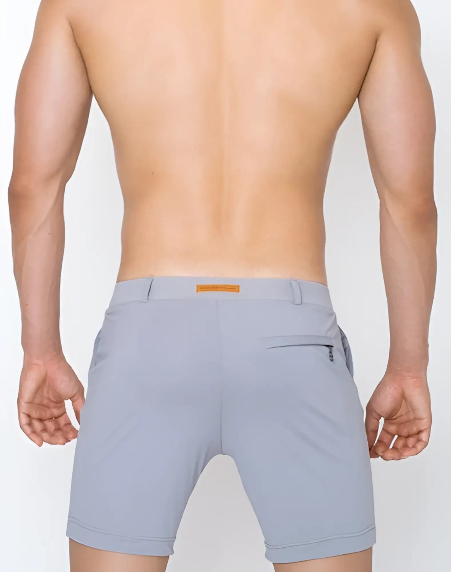 Light gray 2eros s61 long bondi athletic shorts with subtle textured fabric and orange brand tag on waistband