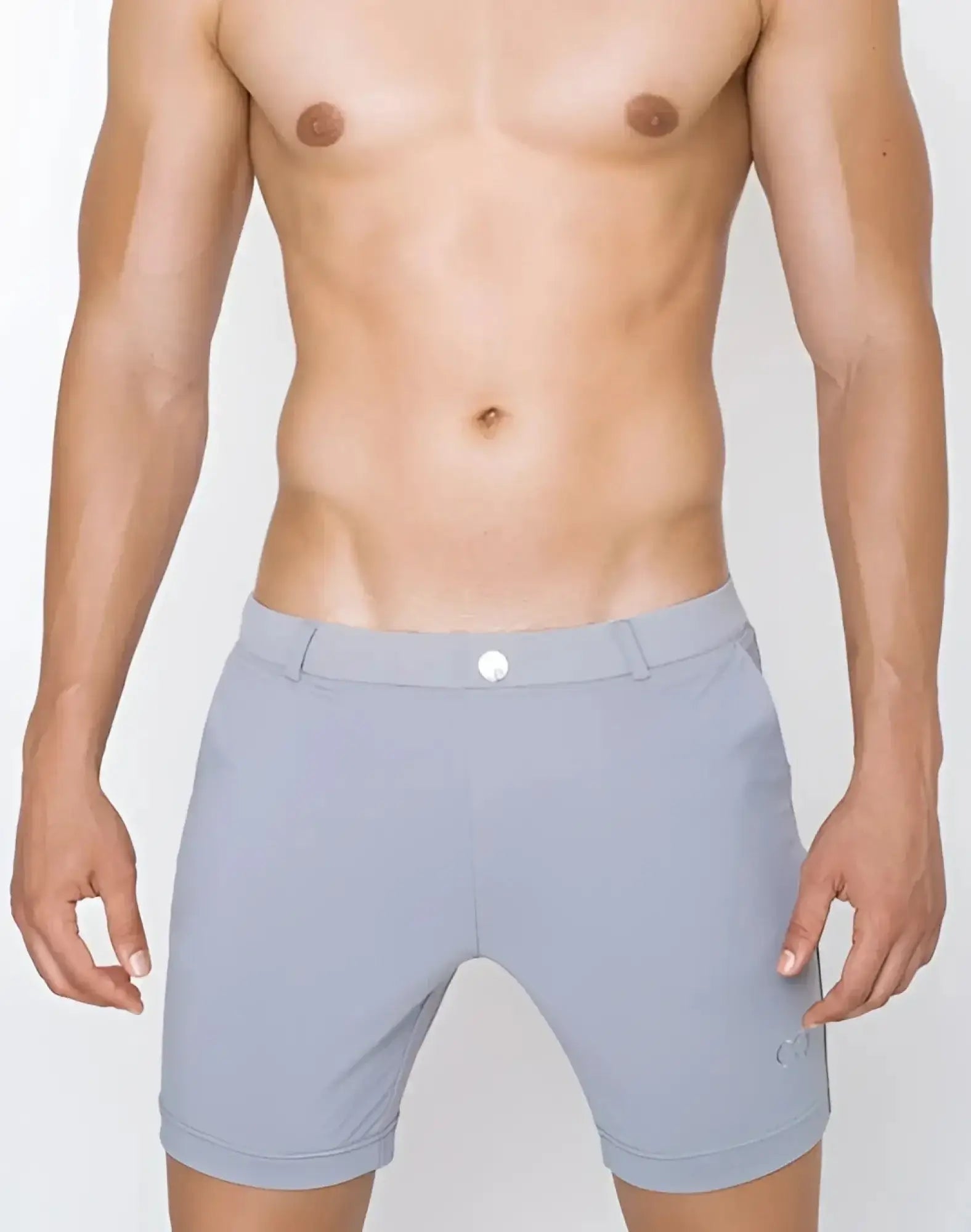 2eros s61 long bondi athletic shorts in light blue with a sleek design and subtle logo on the lower right leg
