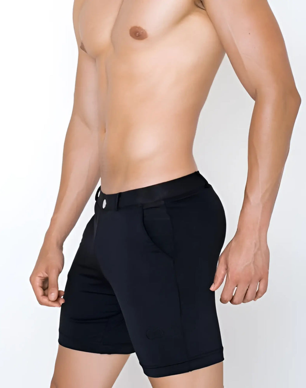 Black 2EROS S61 long Bondi shorts with sleek form-fitting design and subtle branding on the lower leg