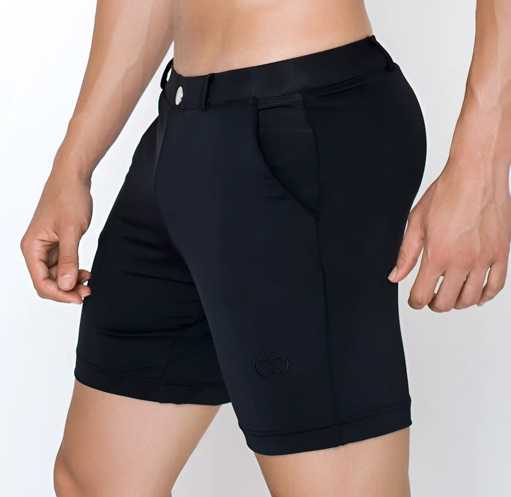 Black 2EROS S61 long bondi athletic shorts with sleek form-fitting design and subtle logo on lower leg