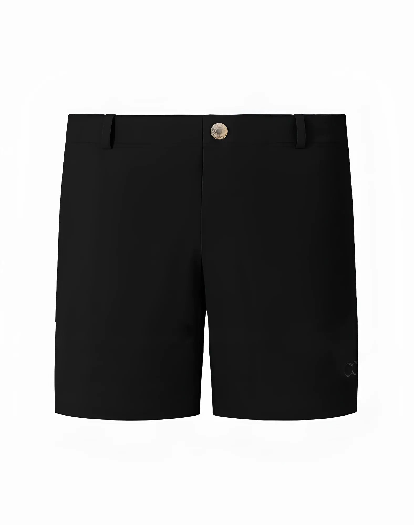 2eros s61 long bondi black shorts with subtle textured fabric and small metallic button at the waistband
