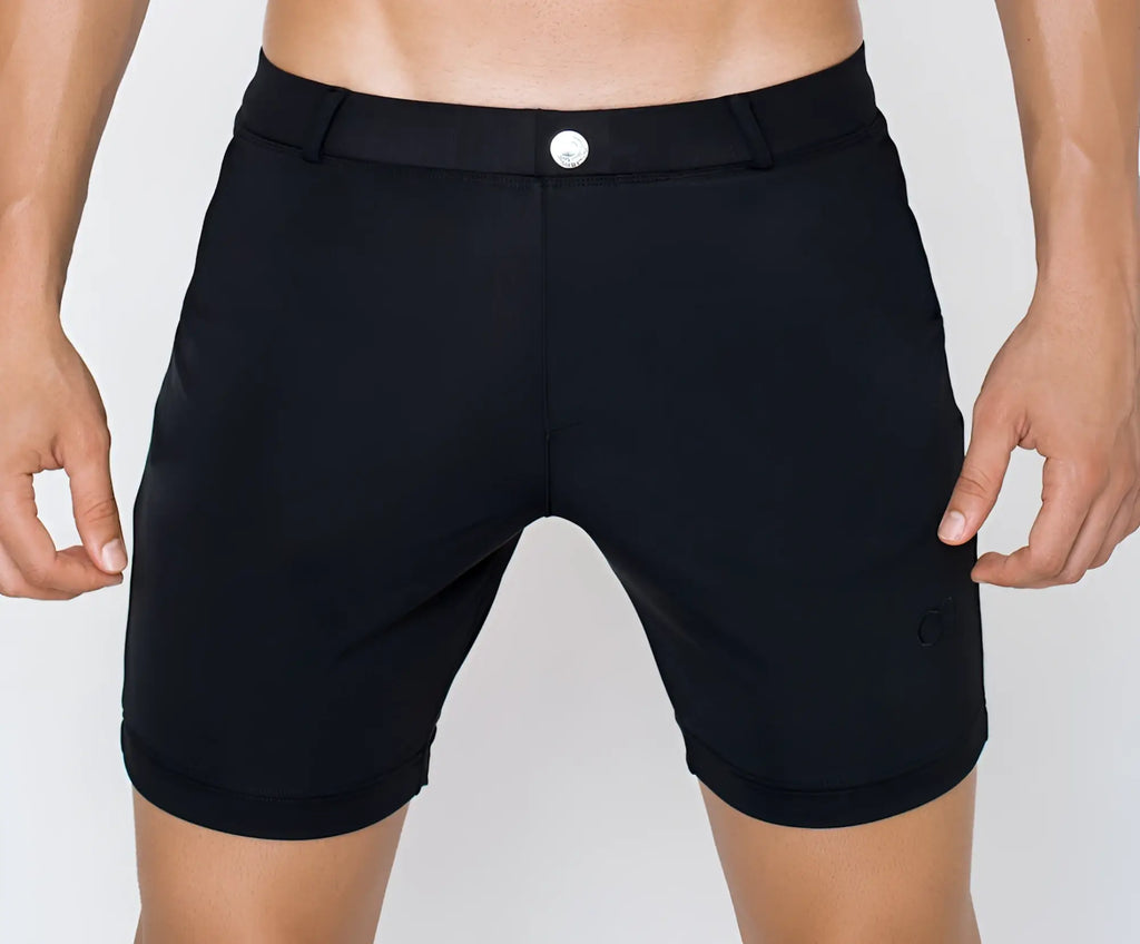 Black 2EROS S61 Long Bondi shorts with tailored sleek modern design and silver button closure