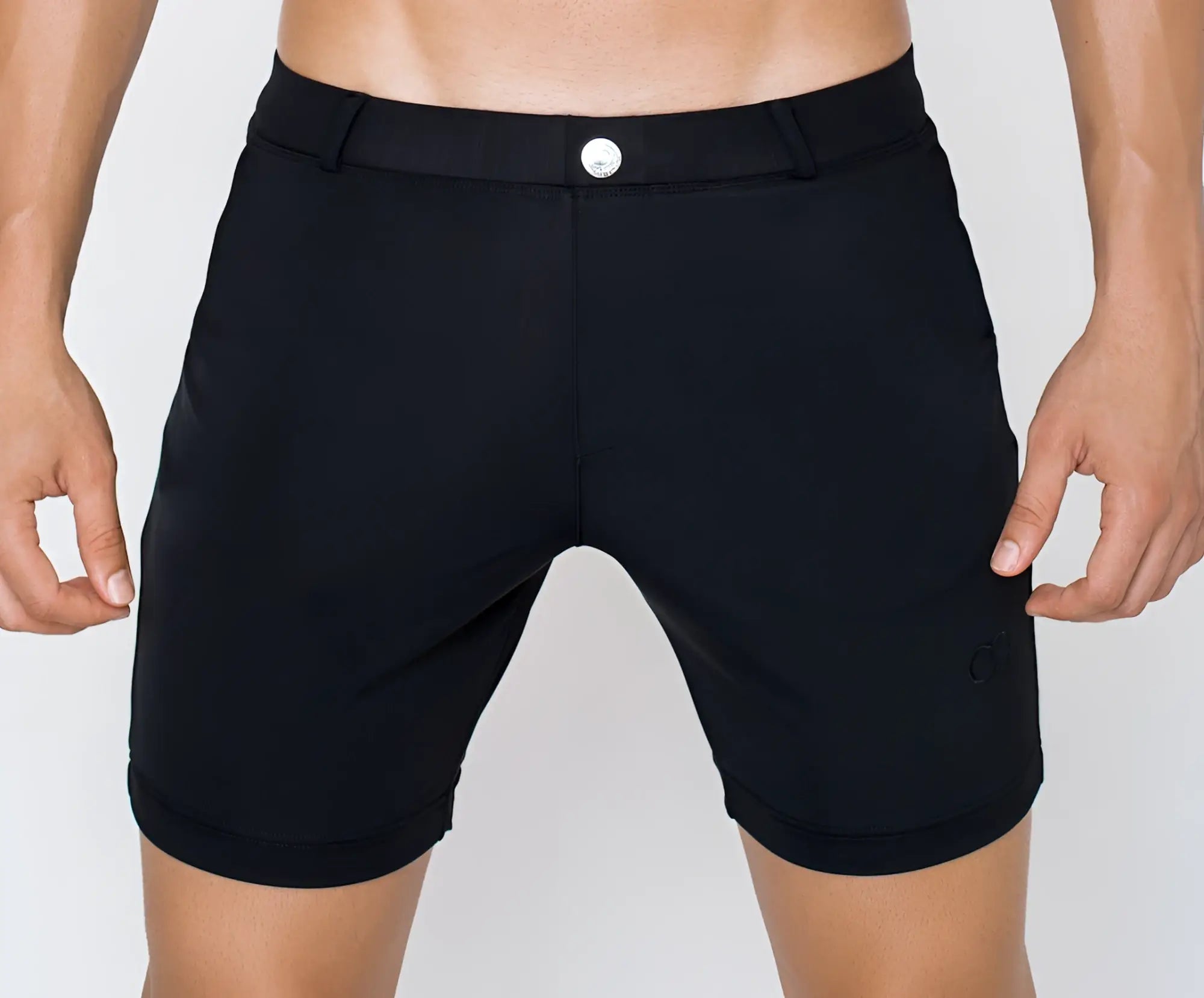 Black 2EROS S61 Long Bondi shorts with tailored sleek modern design and silver button closure