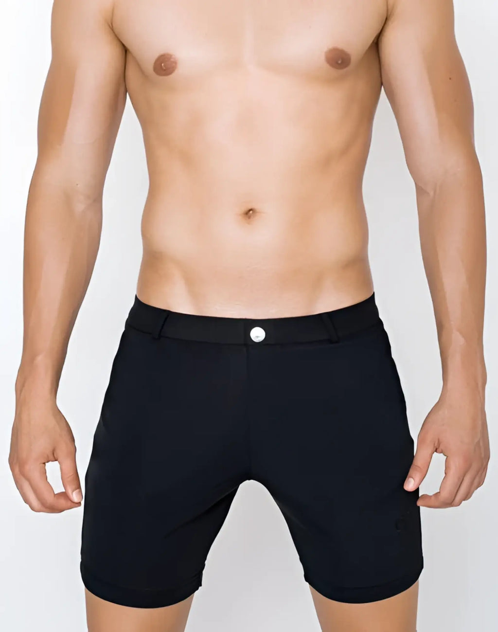 Black 2EROS S61 long Bondi tailored shorts with sleek modern design and single silver button at the waistband