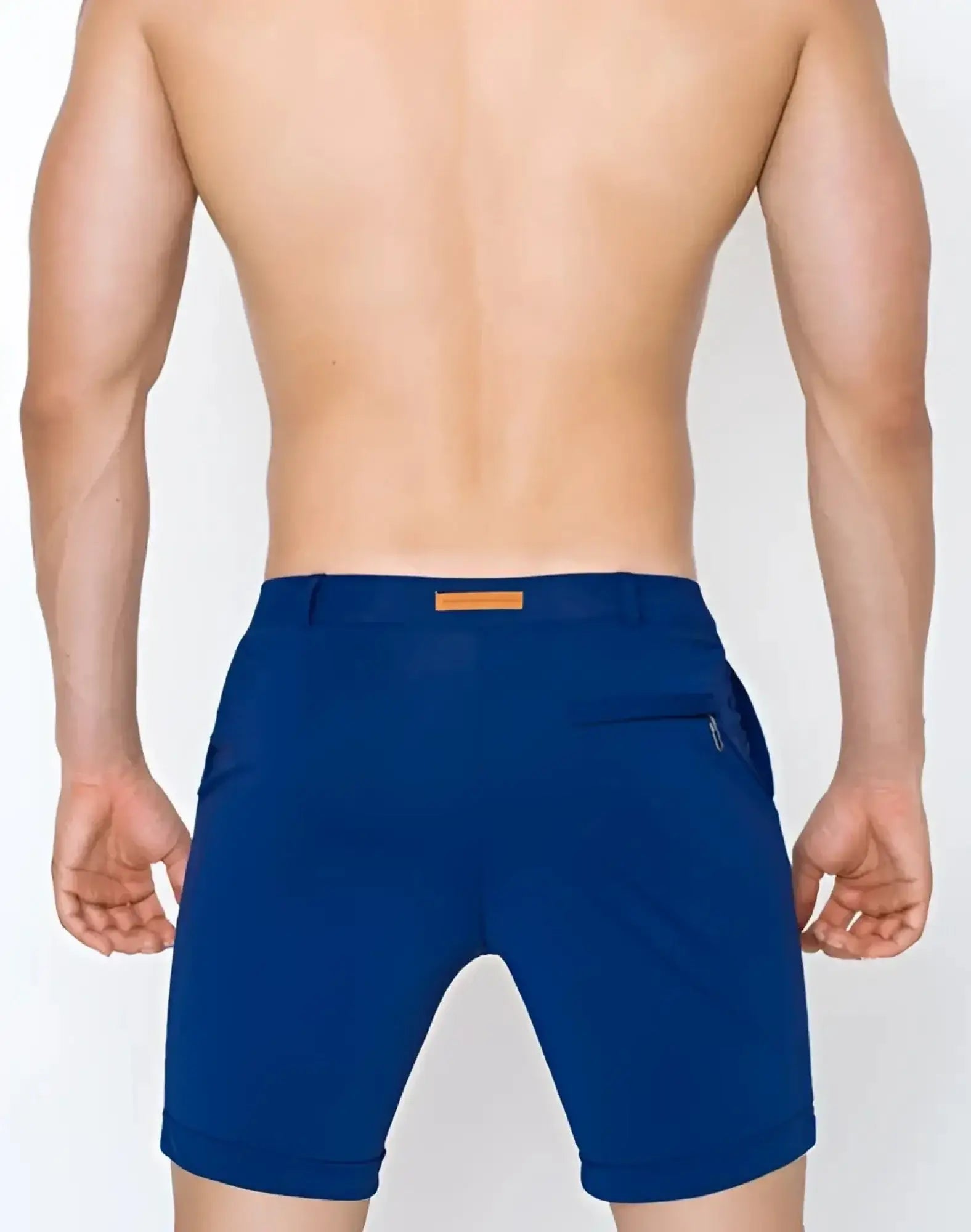 Navy blue 2eros s61 long bondi shorts with tan belt loop and zipper pocket designed for athletic use