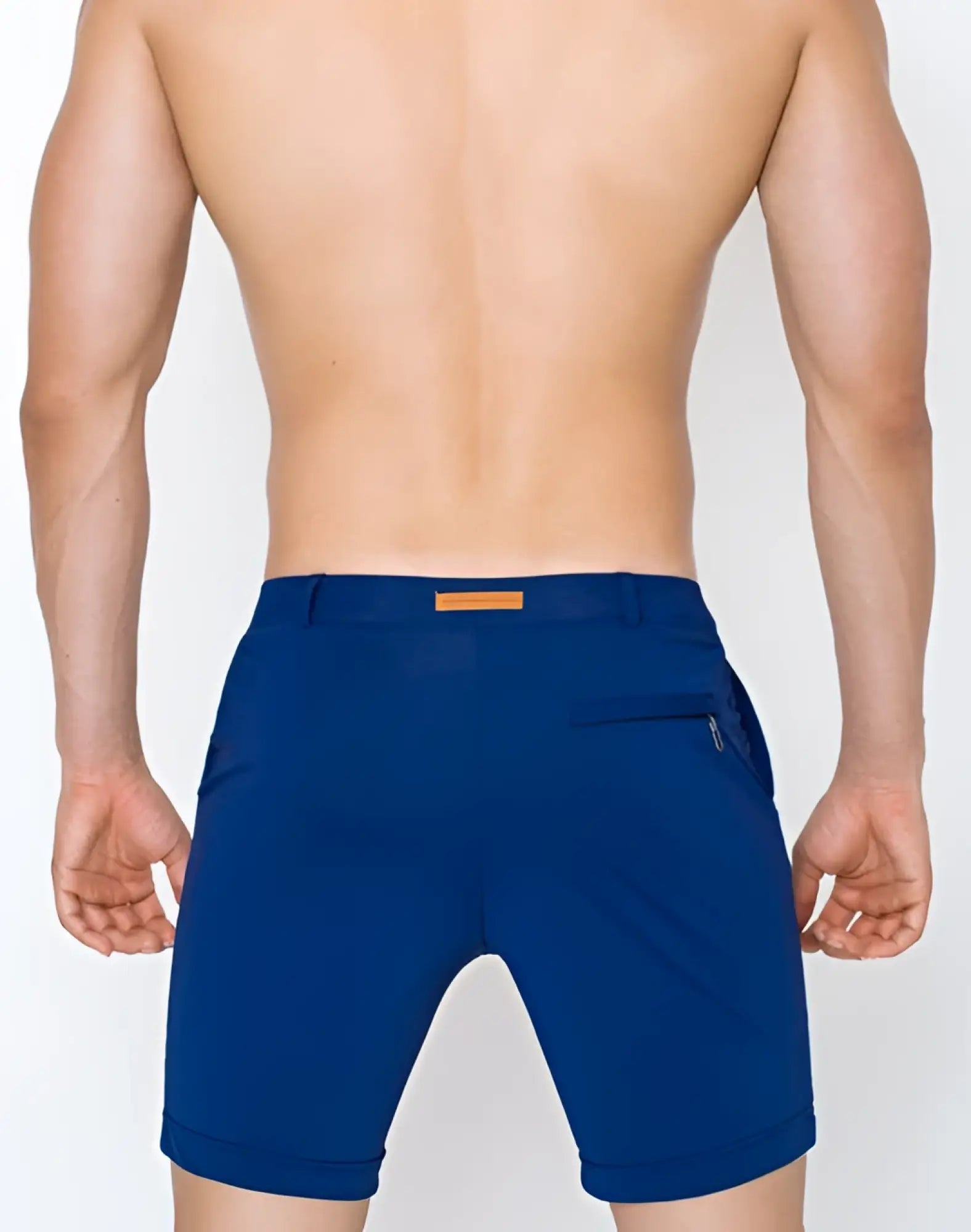 Navy blue 2eros s61 long bondi shorts with tan belt loop and zipper pocket designed for athletic use