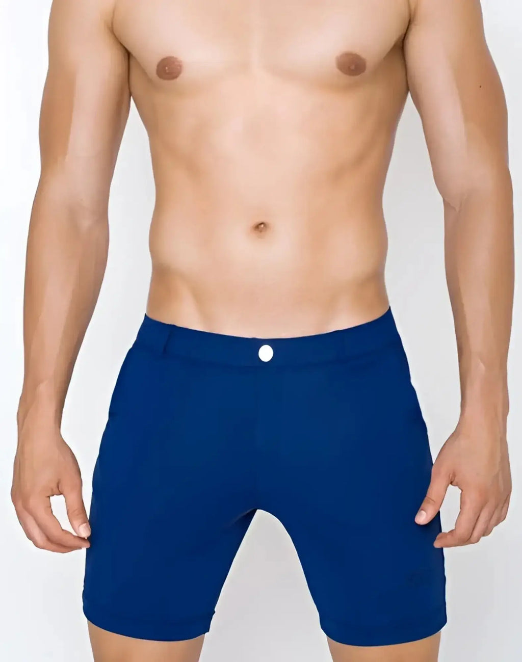 Navy 2EROS S61 long bondi men’s shorts with white button closure and subtle brand logo on lower right leg