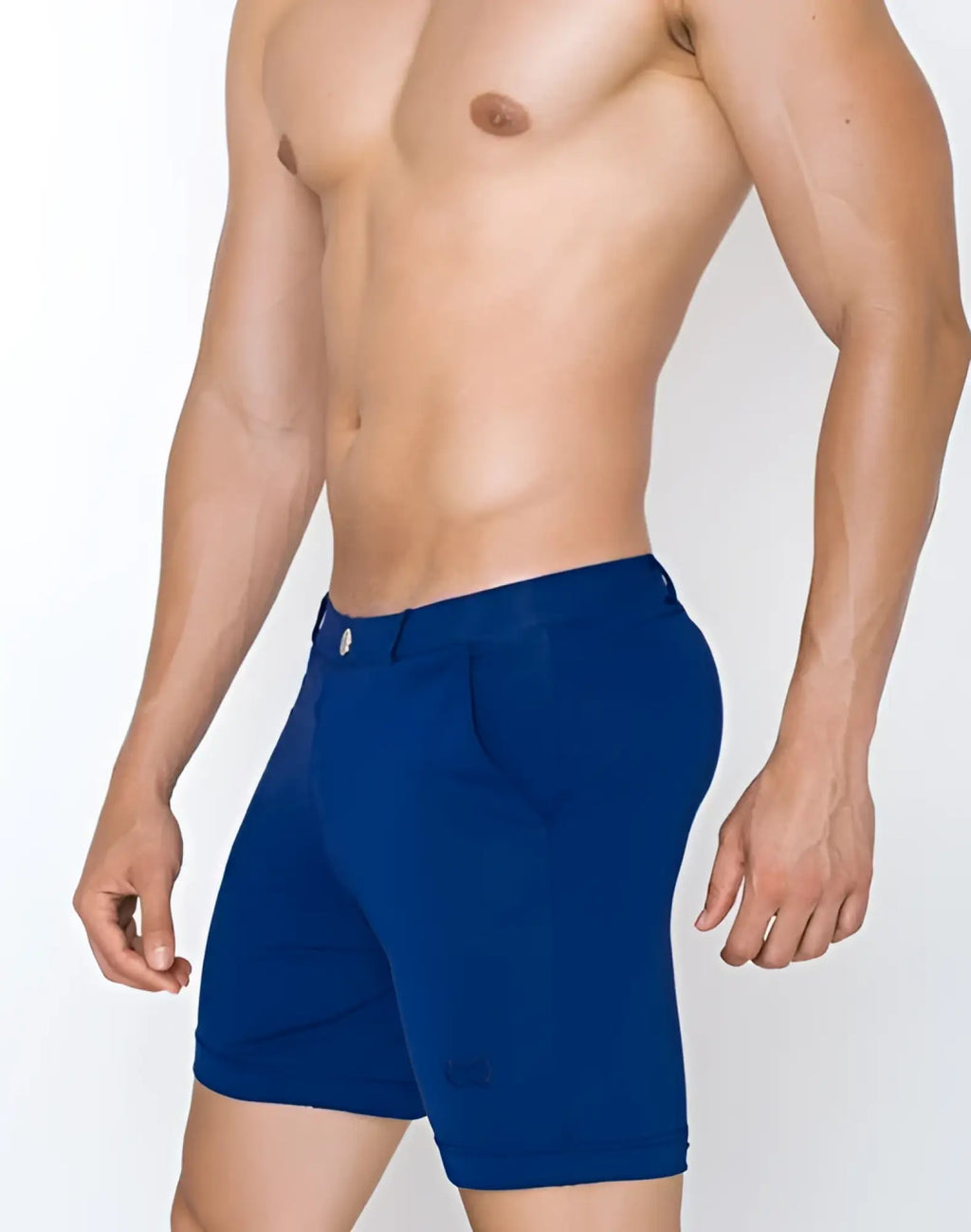 2eros s61 long bondi shorts navy in tailored fit with subtle branding on the lower left leg for casual wear