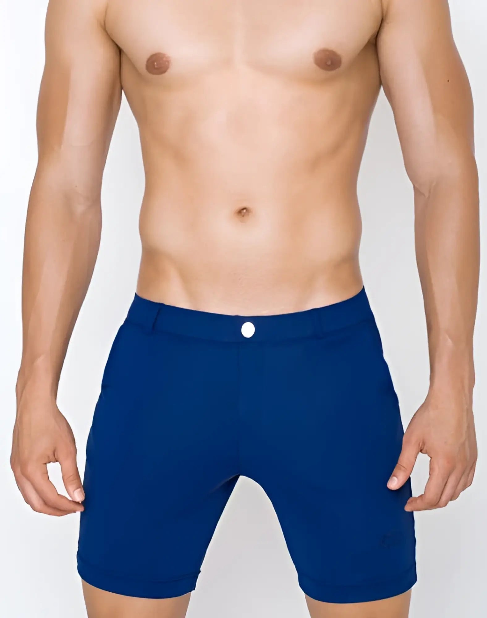 Navy 2EROS S61 long bondi men’s shorts with white button closure and subtle brand logo on lower right leg