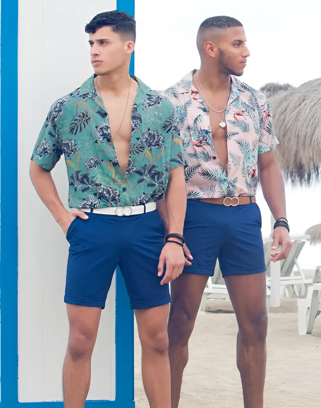 Men wearing 2eros s61 long bondi navy shorts with tropical print short sleeve button down shirts