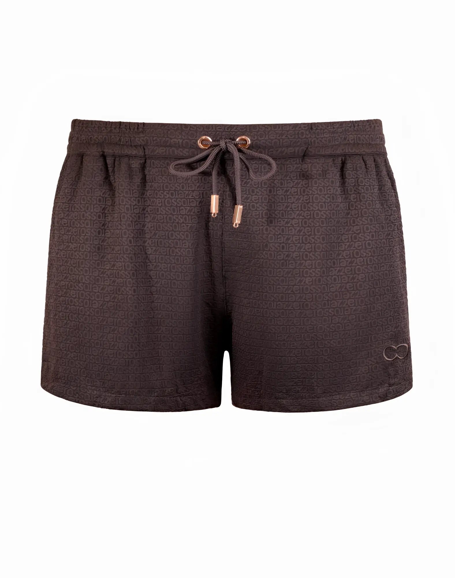 Dark brown 2eros s90 textured manly shorts with subtle repeating pattern and gold-tone drawstring hardware in signet black