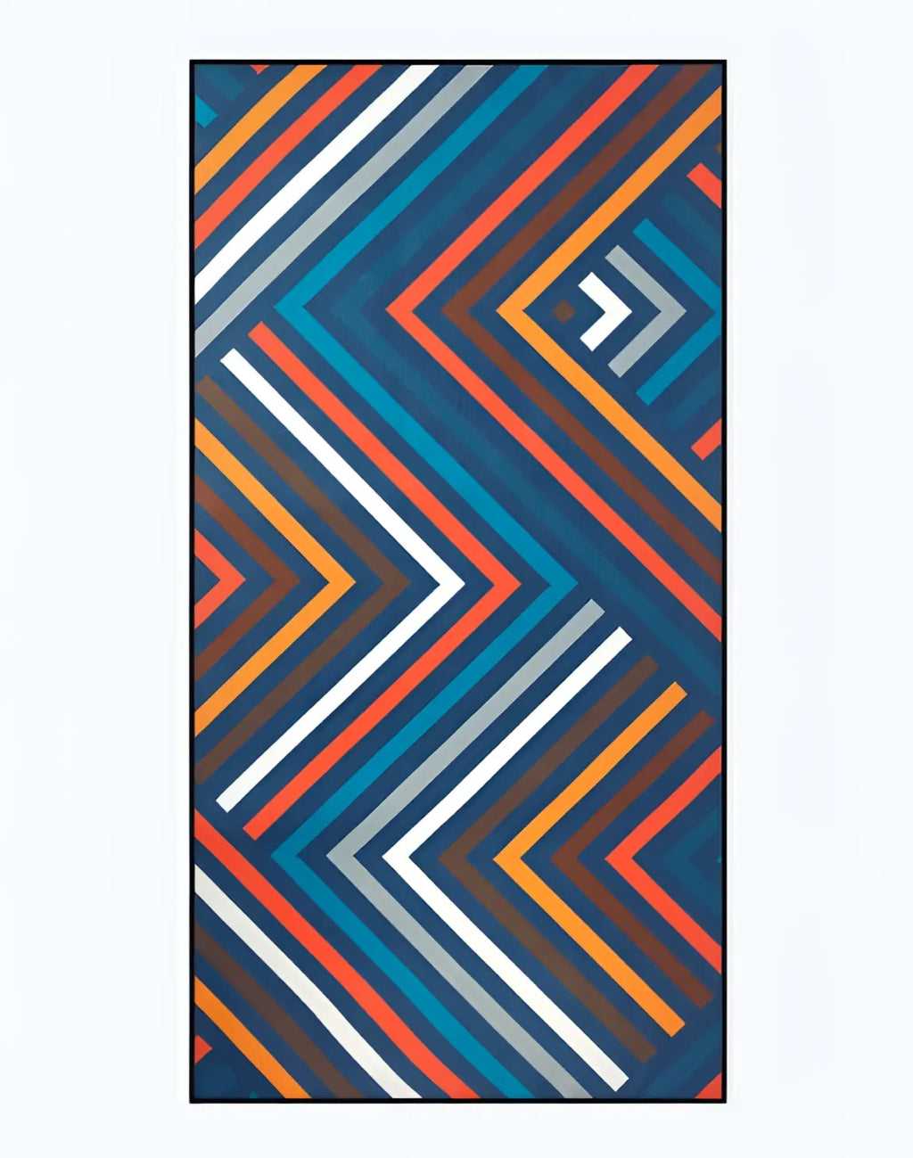 A 2eros sand free beach towel with a bold navy blue orange teal white and gray chevron pattern for sand free use