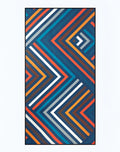 A 2eros sand free beach towel with a bold navy blue orange teal white and gray chevron pattern for sand free use