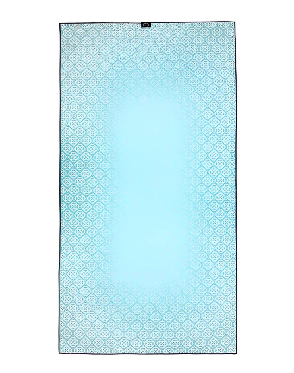 2eros sand-free beach towel in insignia turquoise with white geometric pattern and black border ideal for beach use