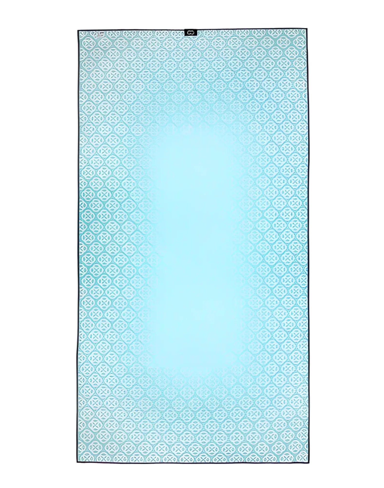 2eros sand-free beach towel in insignia turquoise with white geometric pattern and black border ideal for beach use