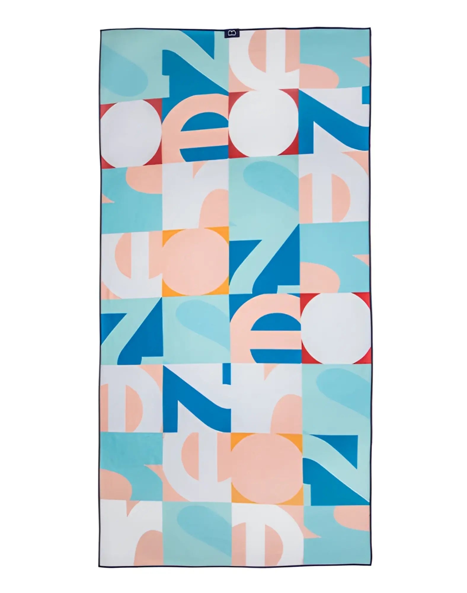 A 2EROS sand-free beach towel with vibrant blue peach and white geometric shapes on a light teal background