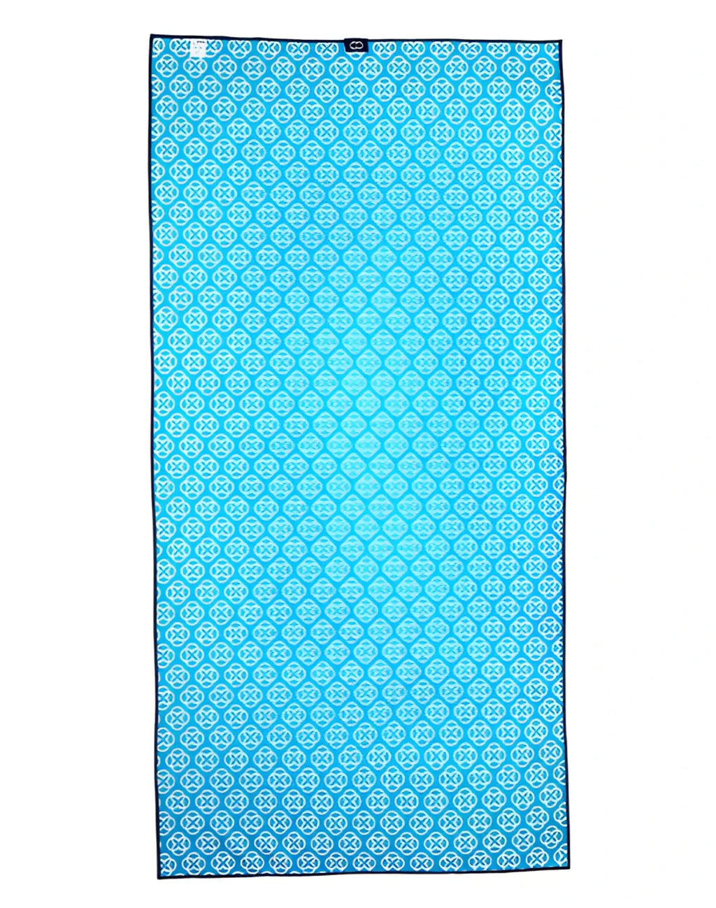 Turquoise microfiber 2EROS Sand-free beach towel with white geometric pattern and dark blue border for beach use