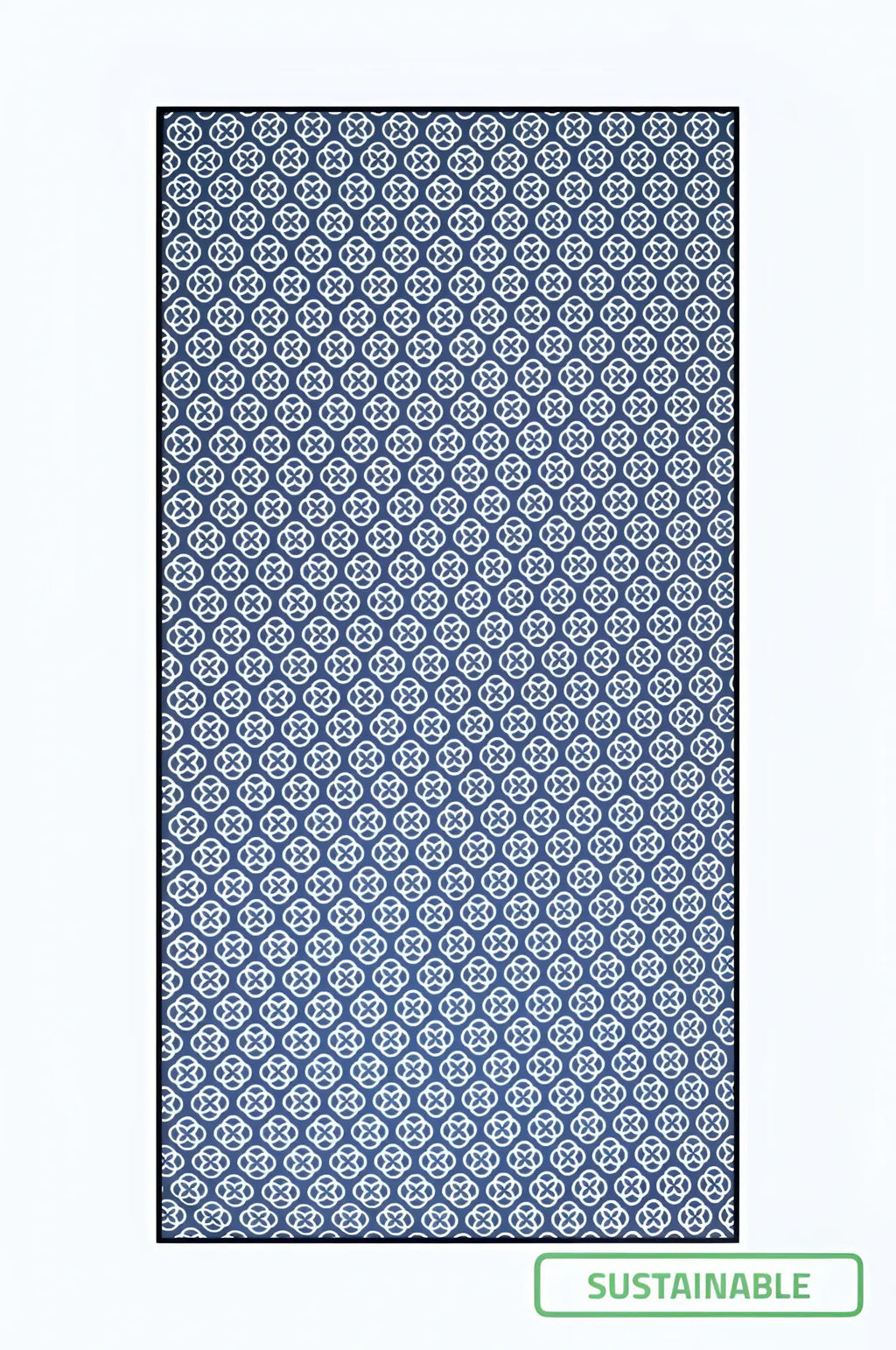 Blue 2eros sand free beach towel with a repeating white geometric pattern designed for quick drying and sand resistance
