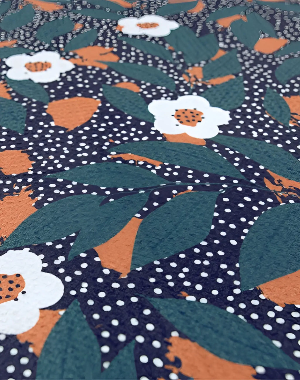 Dark blue 2eros sand free beach towel night bloom with white flowers orange centers green leaves and white polka dots