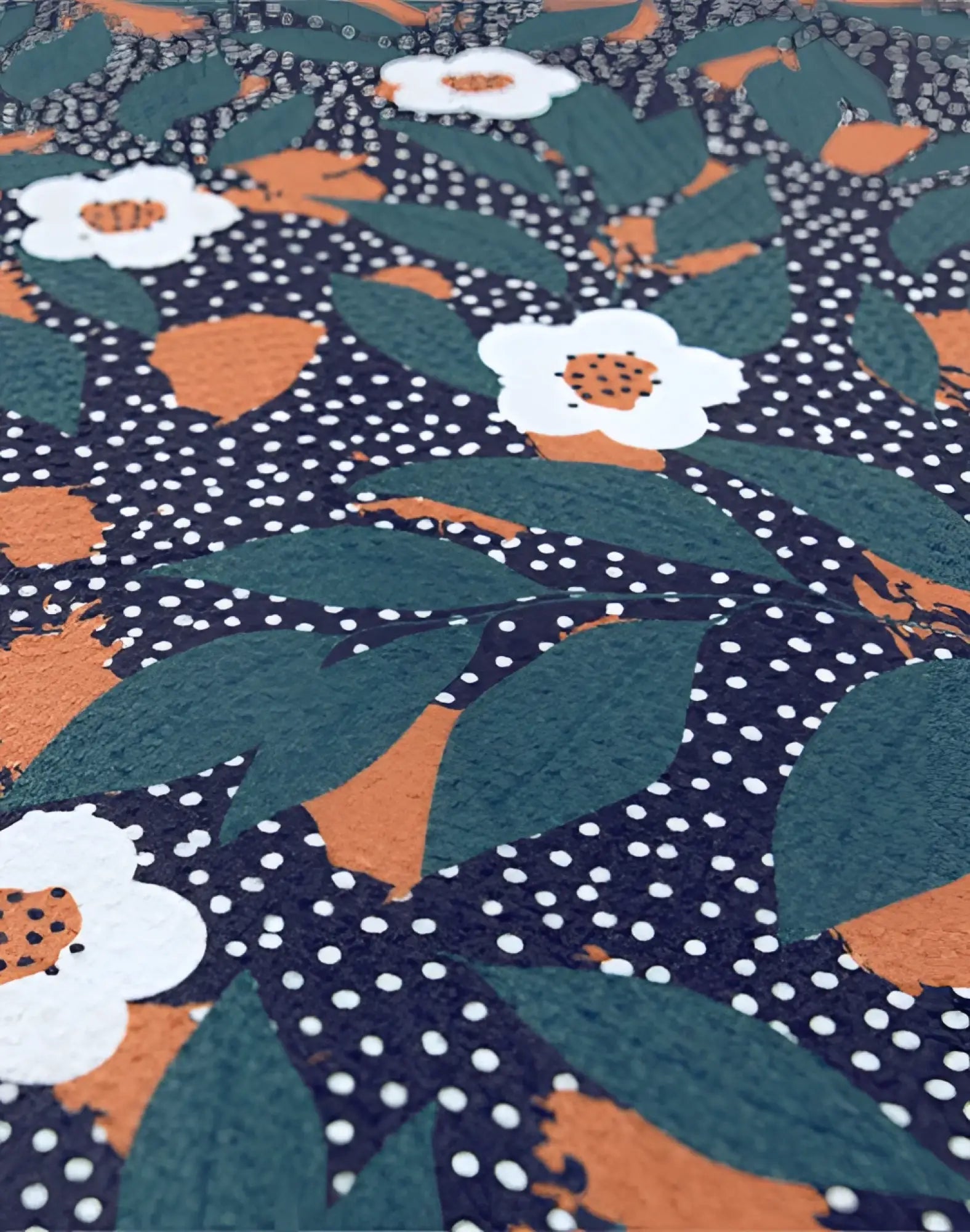 Dark blue 2eros sand free beach towel night bloom with white flowers orange centers green leaves and white polka dots