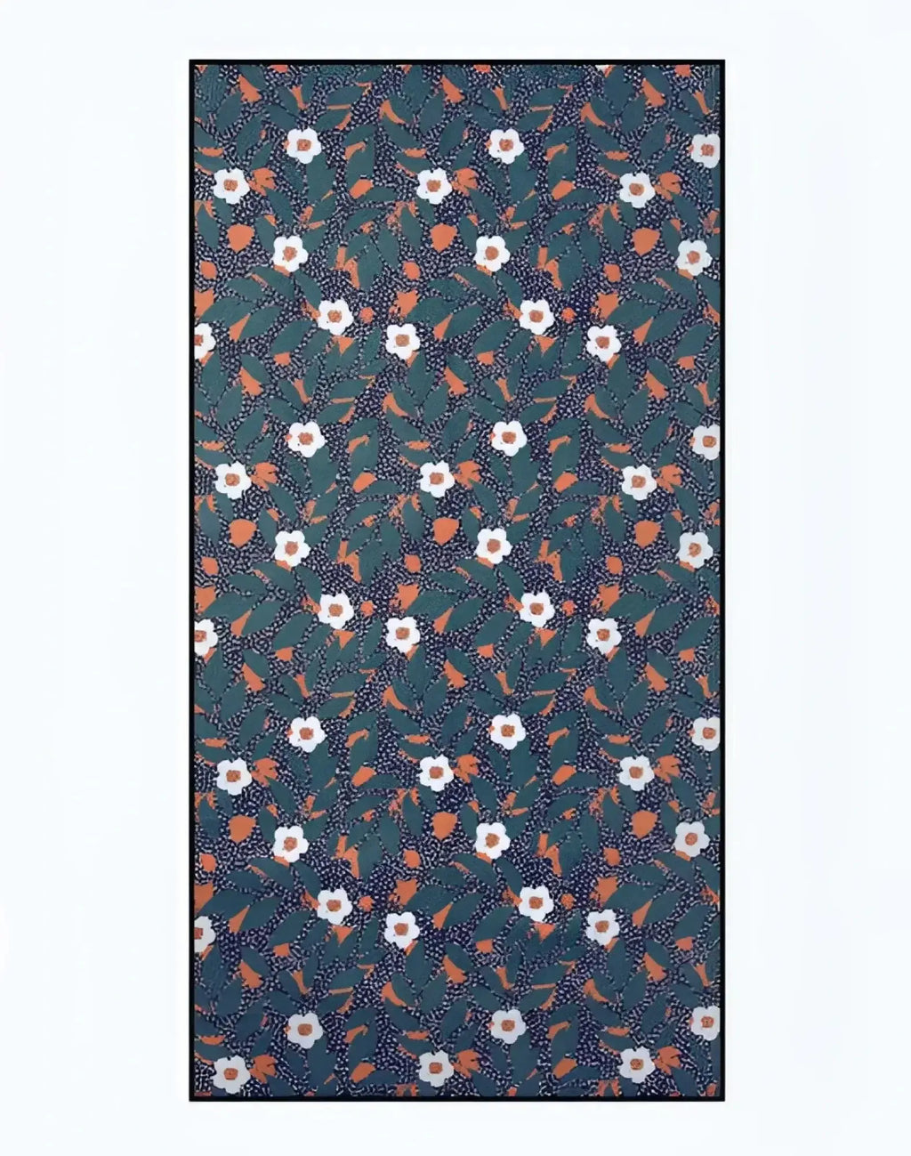 2EROS sand free beach towel night bloom with dense white blossoms green leaves and orange accents on dark teal background