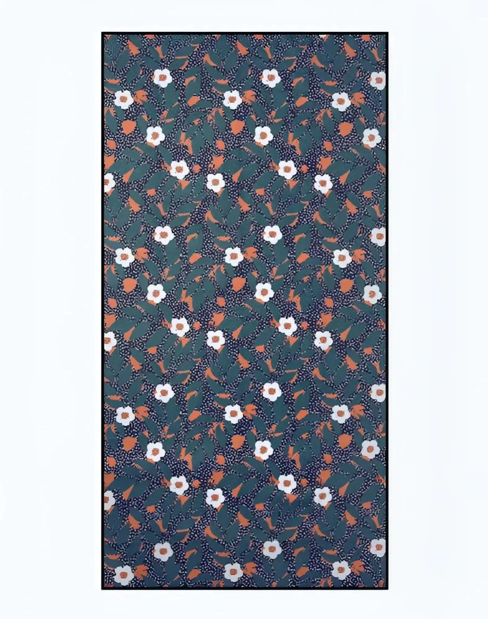2EROS sand free beach towel night bloom with dense white blossoms green leaves and orange accents on dark teal background