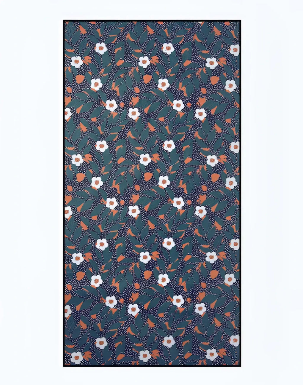 2EROS sand free beach towel night bloom with dense white blossoms green leaves and orange accents on dark teal background