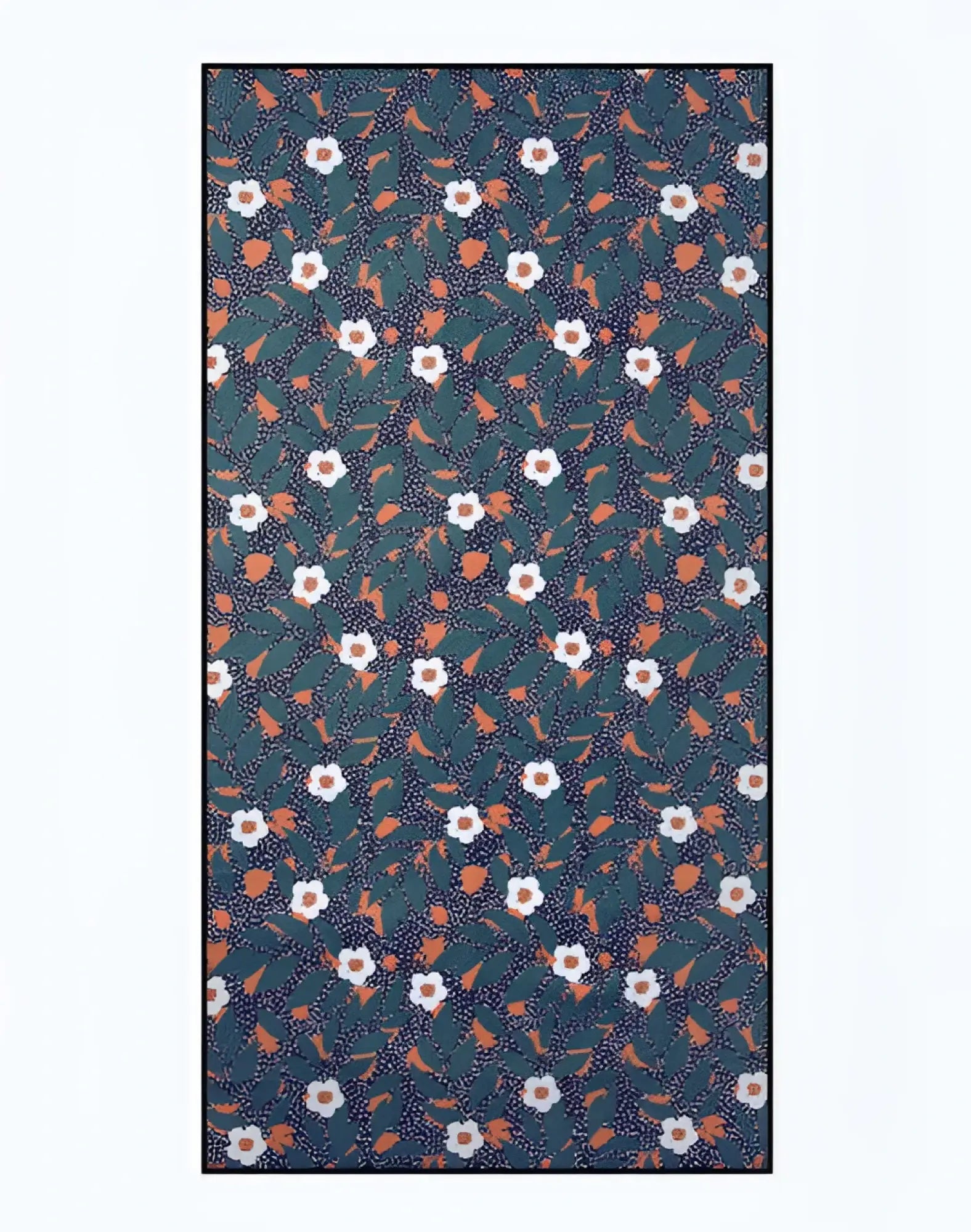 2EROS sand free beach towel night bloom with dense white blossoms green leaves and orange accents on dark teal background
