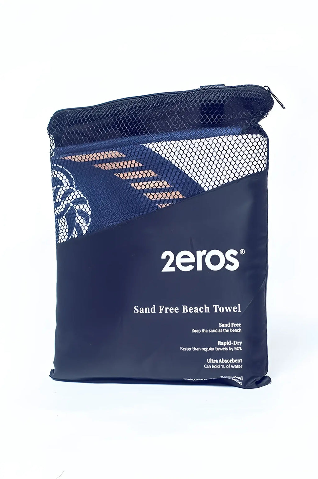 Dark blue mesh and fabric 2EROS sand free beach towel bag with white and peach geometric patterns for beach use
