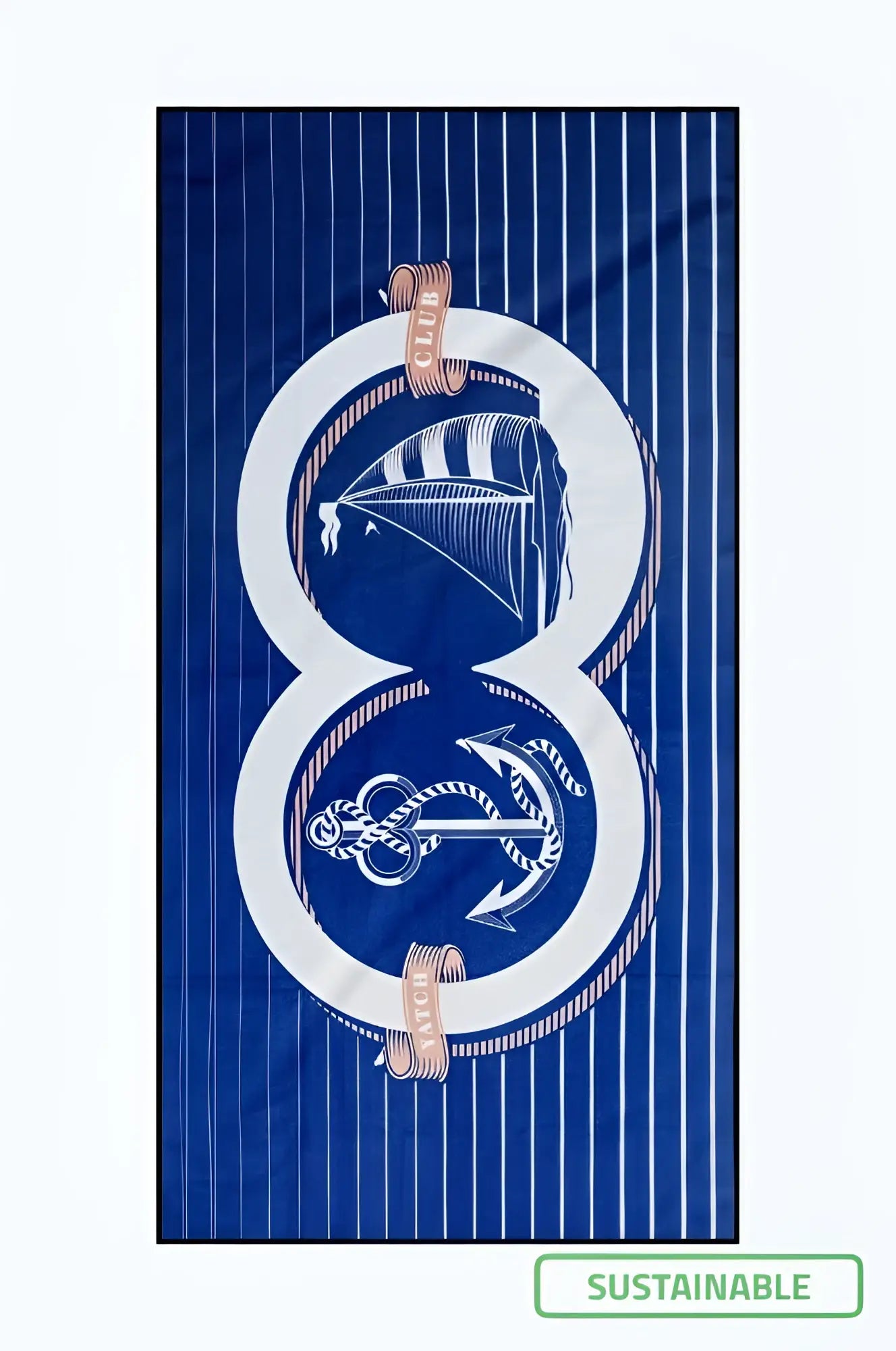 Navy blue striped 2eros sand free beach towel with white number eight and nautical motifs including sailboat and anchor