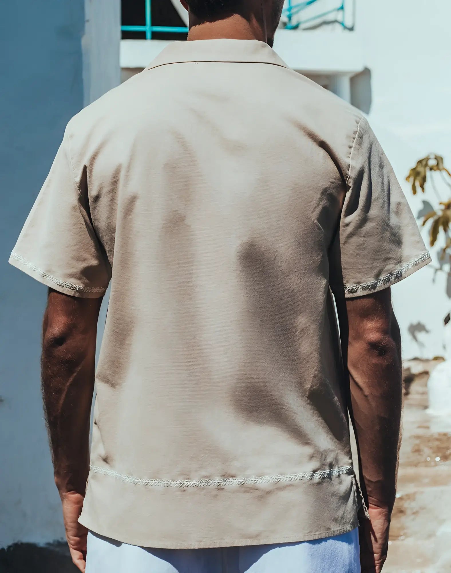 Beige 2EROS Santorini short-sleeved button-up shirt with subtle embroidered trim on cuffs and hem in taupe