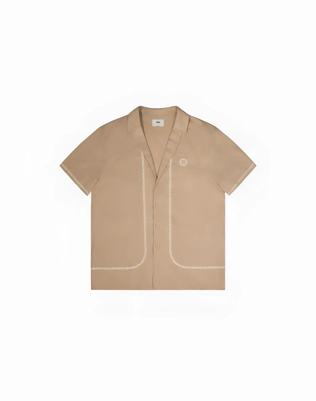 Beige short-sleeved 2EROS Santorini shirt taupe with white contrast stitching on front pockets and collar