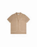 Beige short-sleeved 2EROS Santorini shirt taupe with white contrast stitching on front pockets and collar