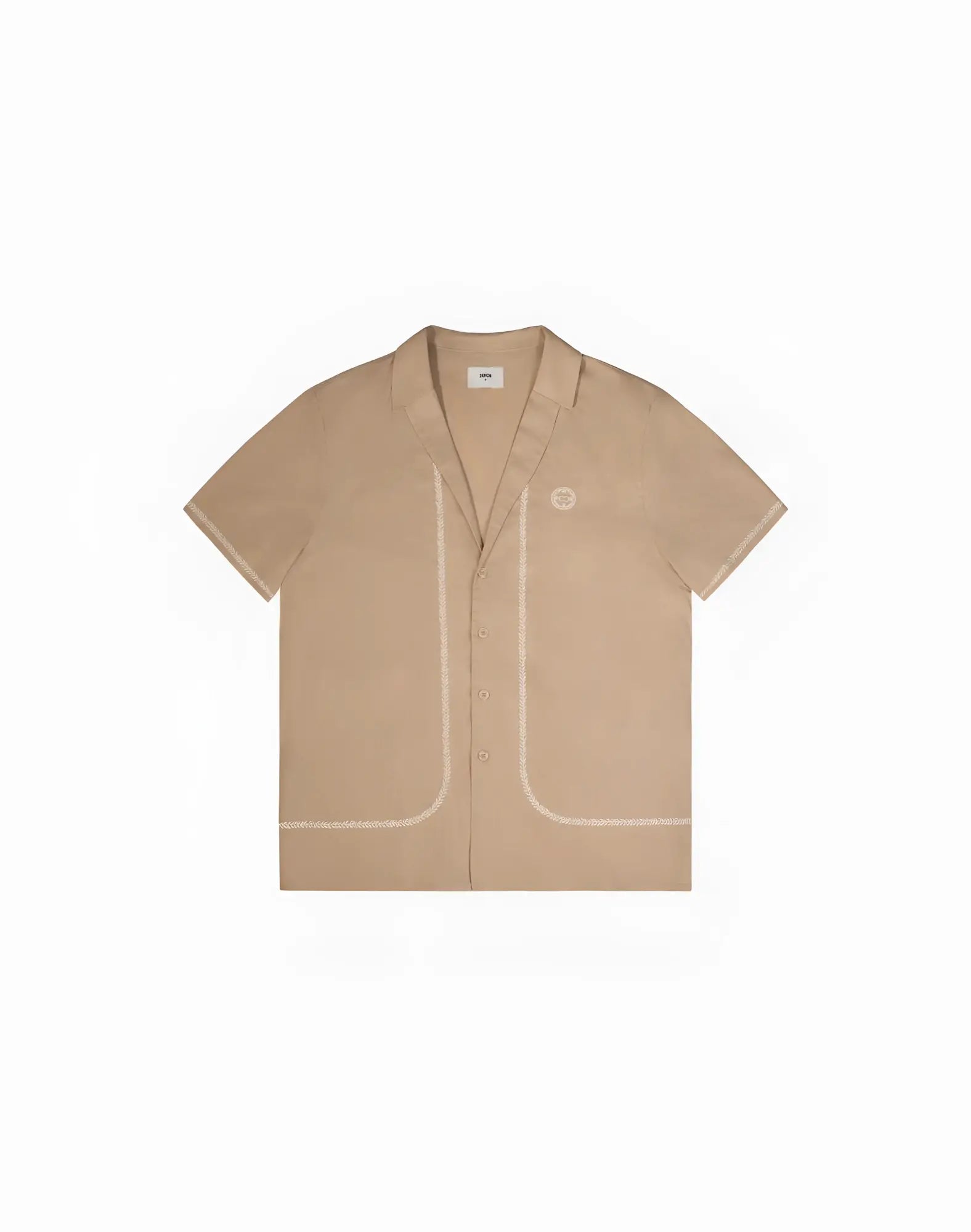 Beige short-sleeved 2EROS Santorini shirt taupe with white contrast stitching on front pockets and collar