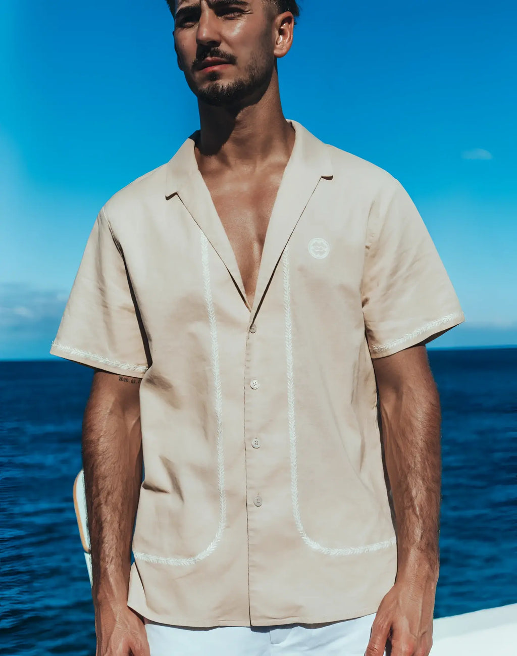 Beige short-sleeved 2eros santorini shirt with white embroidered trim along placket and pocket edges in taupe