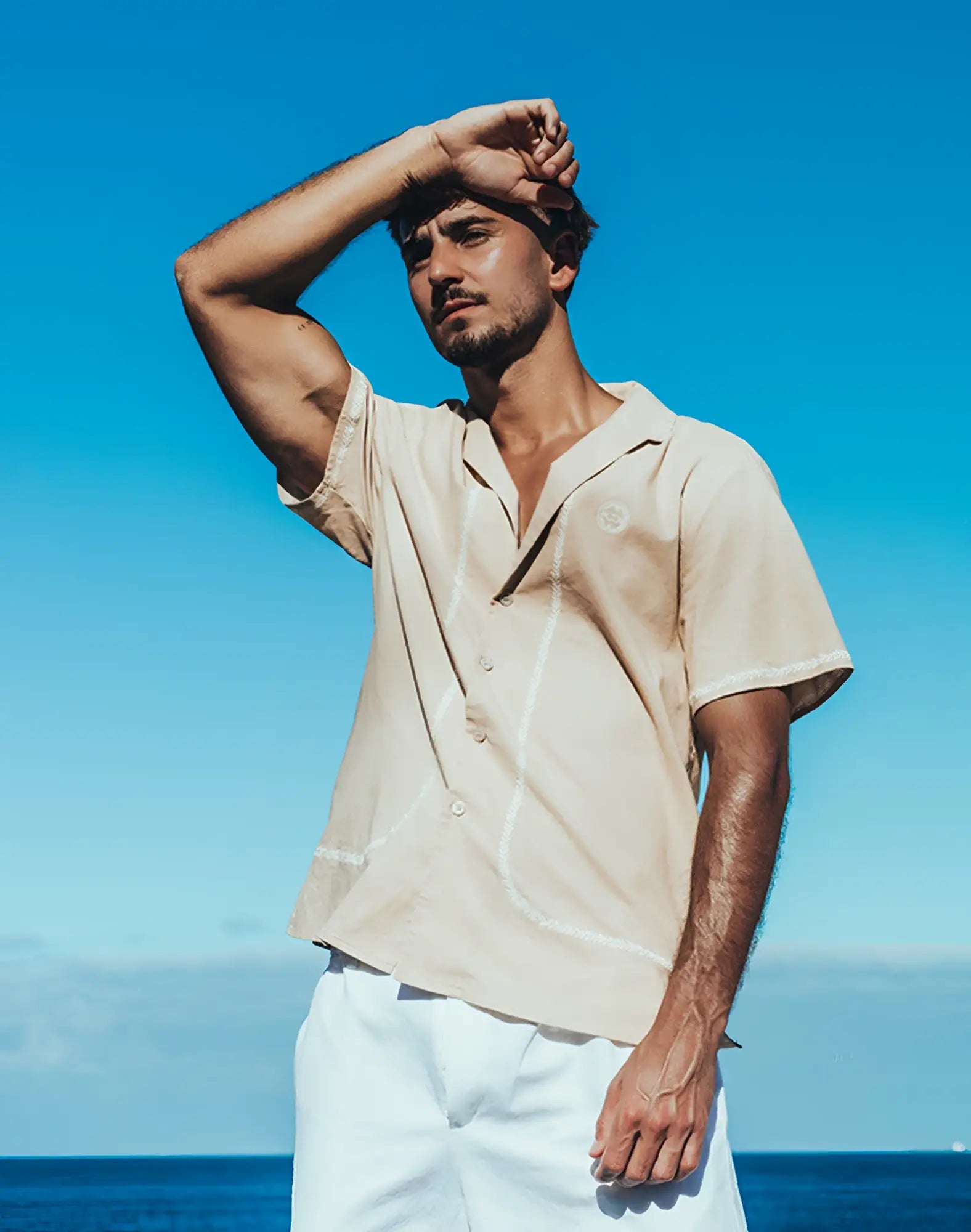 Beige taupe 2EROS Santorini short-sleeved button-up shirt with white stitching details perfect for casual wear