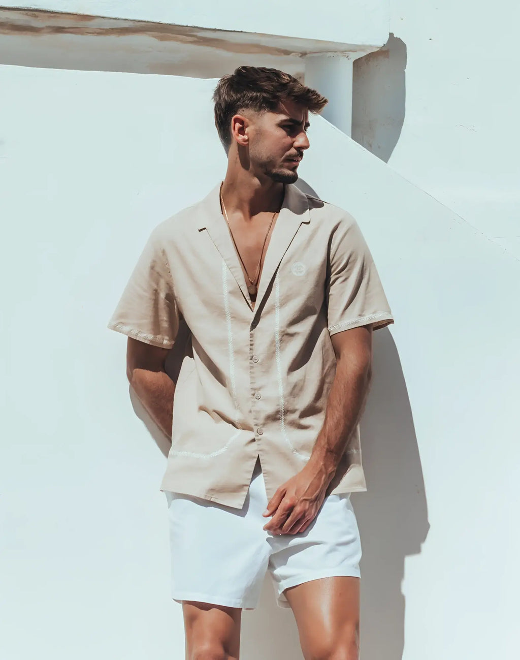 Beige short-sleeved 2EROS Santorini shirt in taupe with white embroidered trim along placket and cuffs