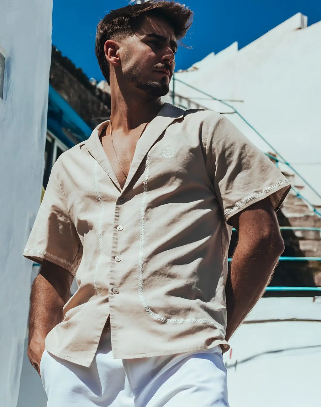 Beige 2EROS santorini shirt with short sleeves and white embroidered detailing on placket and cuffs in taupe color