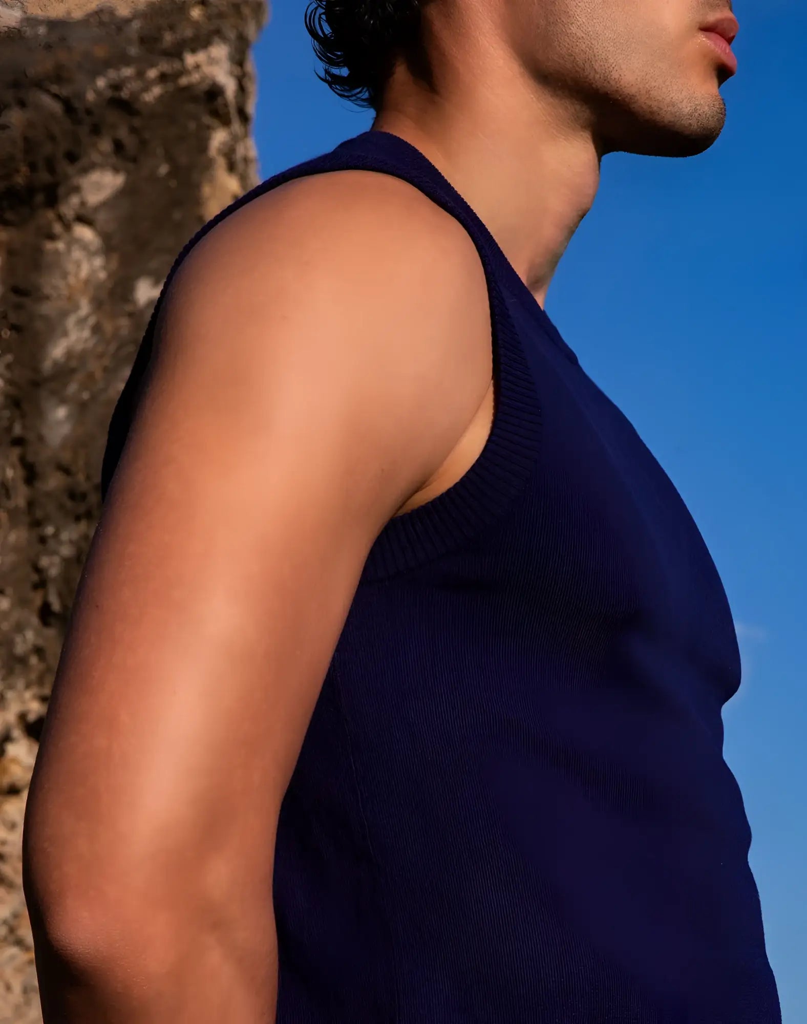 Navy blue ribbed knit sleeveless top 2eros sapphire knit vest made from soft knit fabric