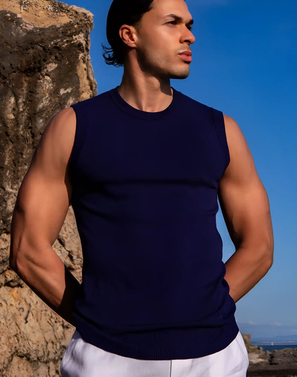 Navy blue sleeveless knit vest by 2EROS made from soft sapphire knit fabric for comfortable casual wear