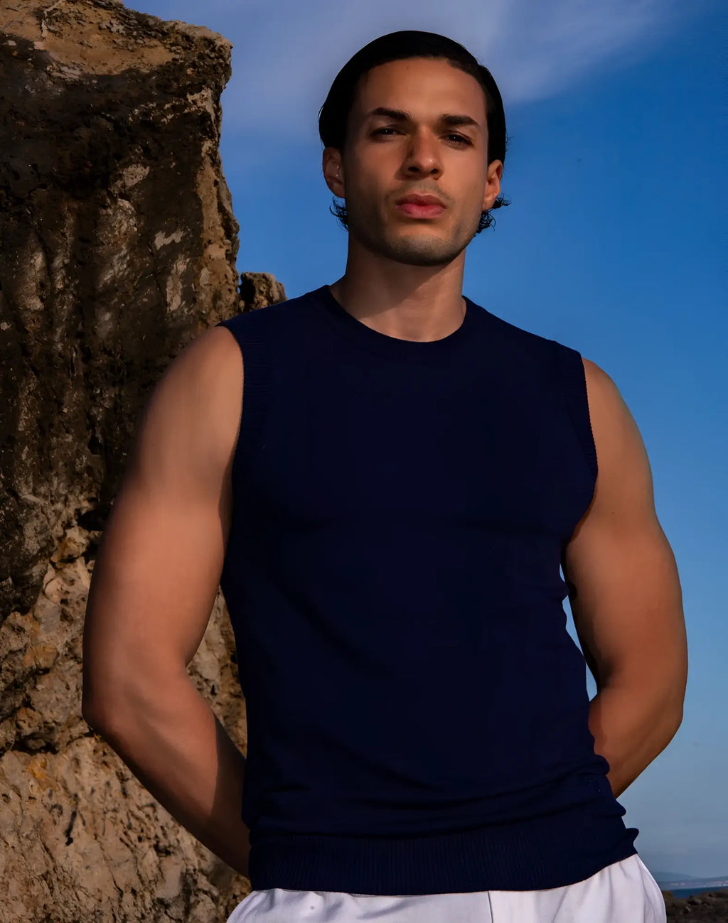 Navy blue sleeveless knit vest by 2EROS made from sapphire knit fabric ideal for casual or layering wear