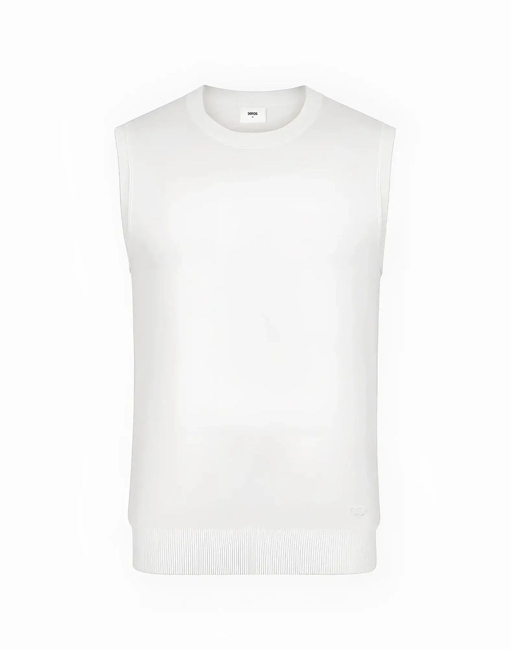 White sleeveless knit vest with crew neckline and ribbed hem by 2EROS in soft sapphire knit fabric