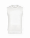 White sleeveless knit vest with crew neckline and ribbed hem by 2EROS in soft sapphire knit fabric