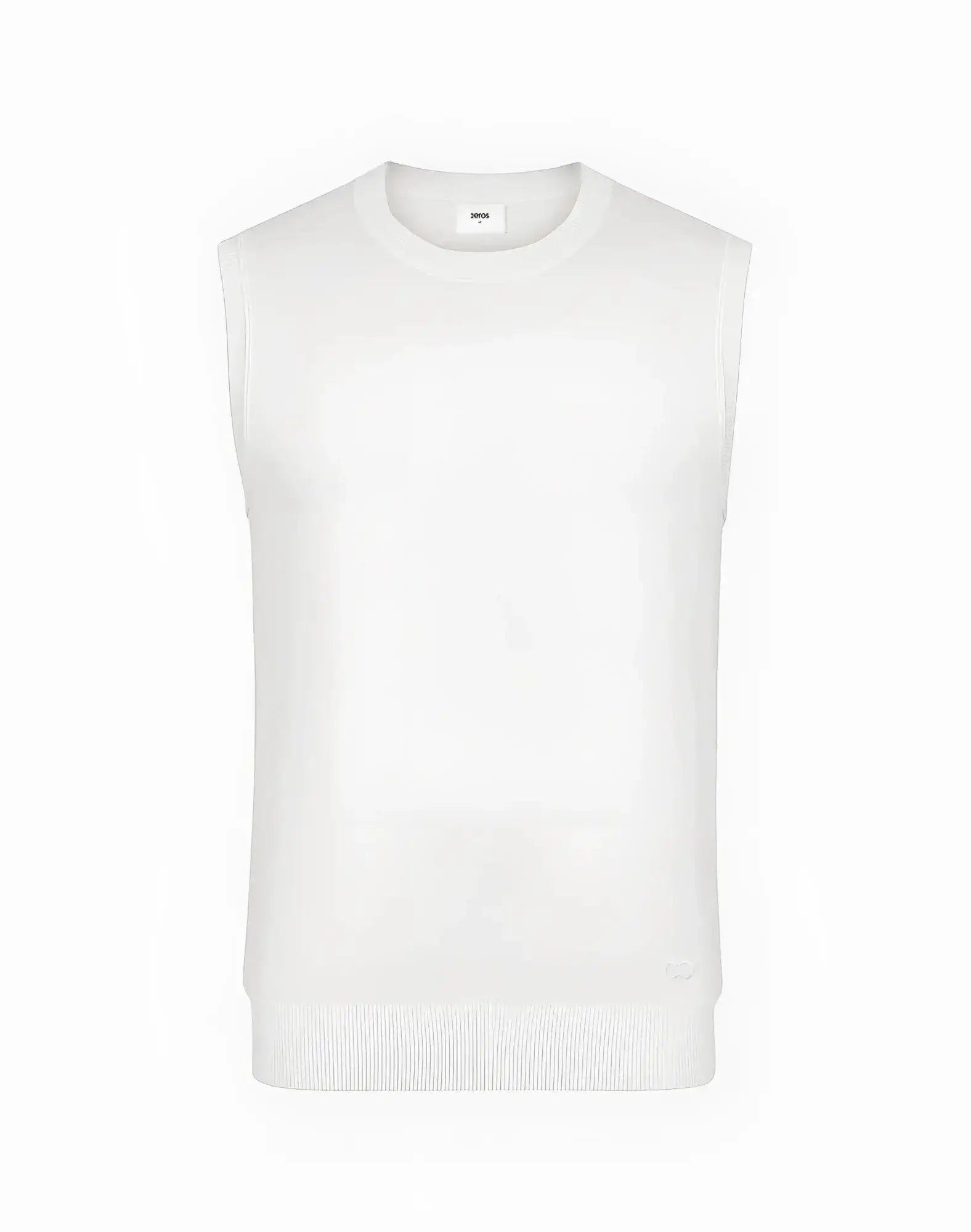White sleeveless knit vest with crew neckline and ribbed hem by 2EROS in soft sapphire knit fabric