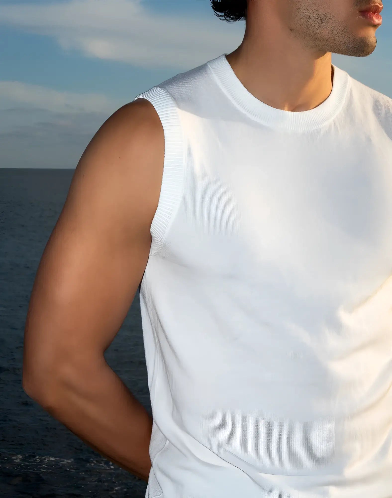 White ribbed knit sleeveless crew neck top 2eros sapphire knit vest made from soft breathable fabric