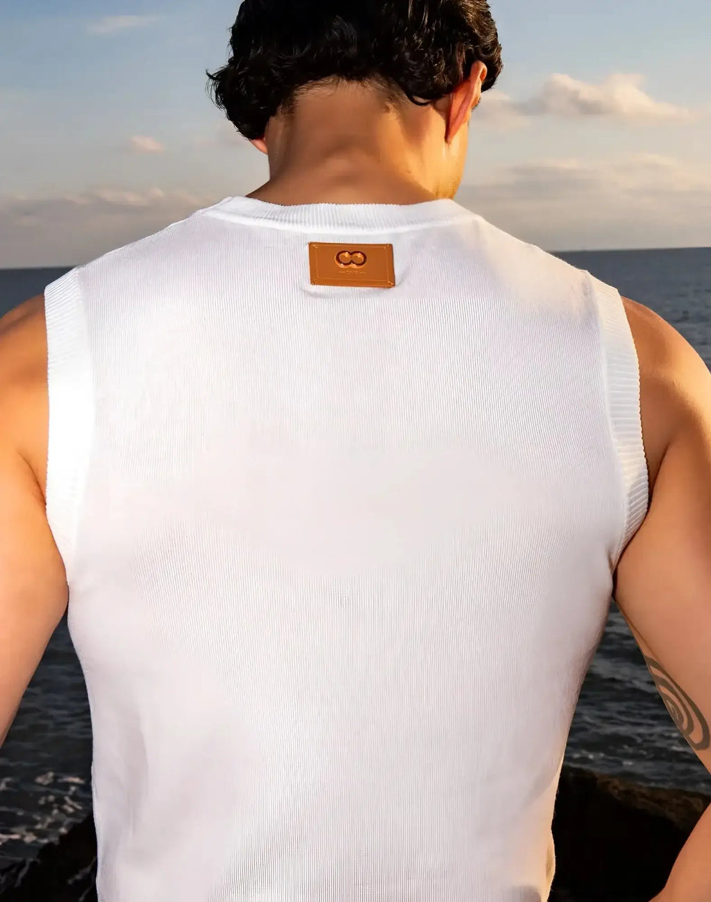 White ribbed knit sleeveless vest with tan leather patch neckline 2EROS sapphire knit vest white