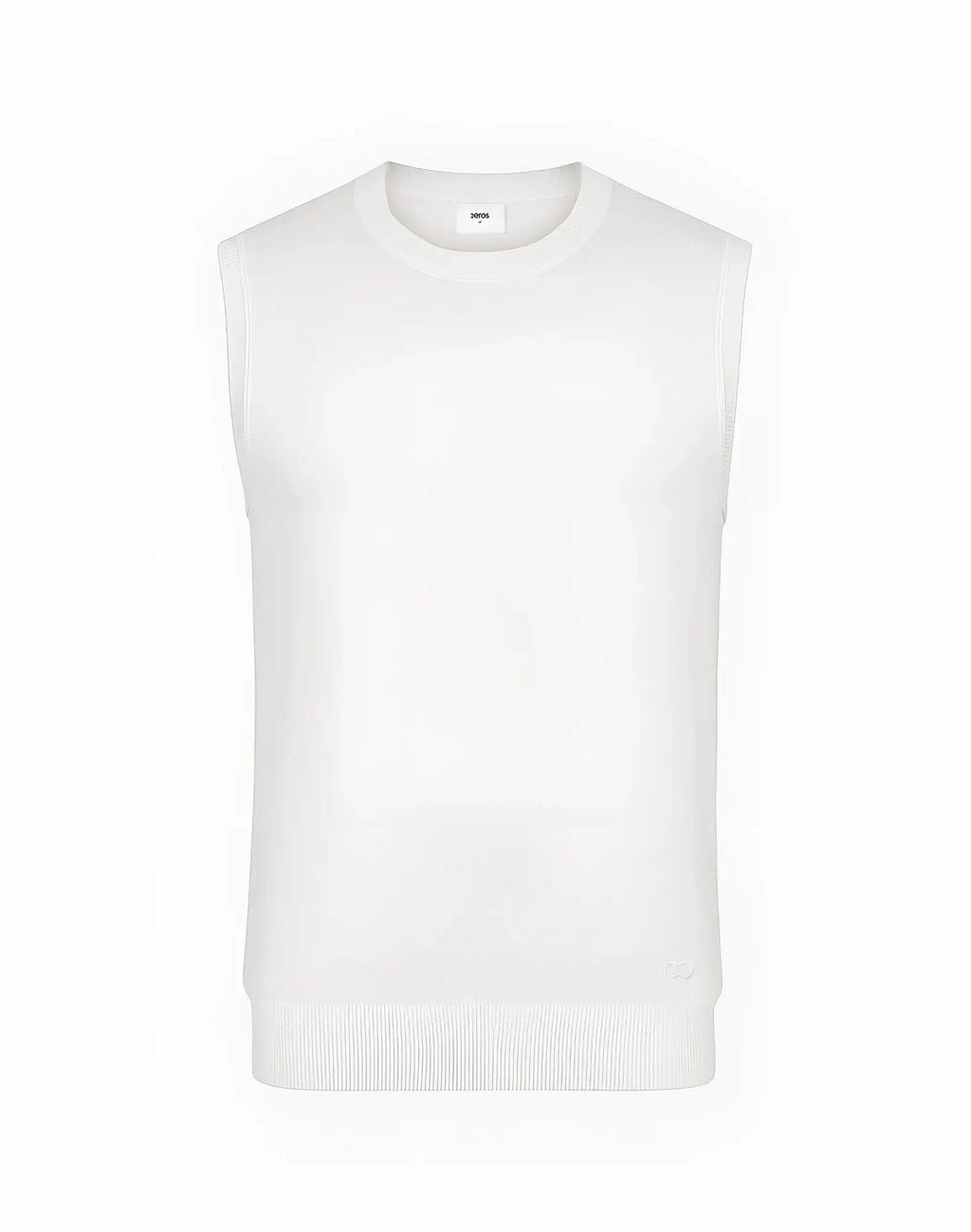 White sleeveless knit vest with crew neckline and ribbed hem by 2EROS in soft sapphire knit fabric
