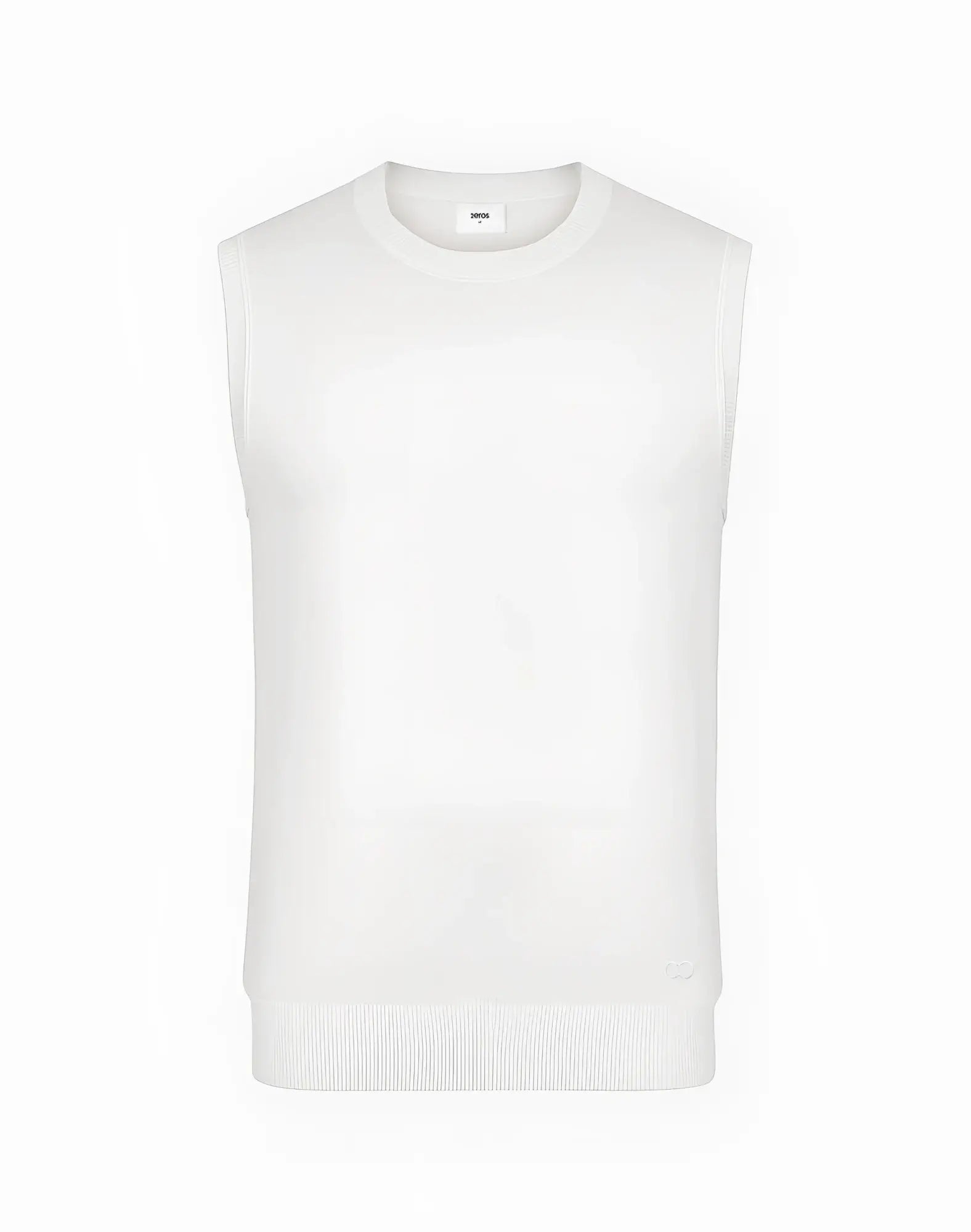 White sleeveless knit vest with crew neckline and ribbed hem by 2EROS in soft sapphire knit fabric