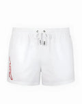 White 2EROS signature Byron swim shorts with red embroidered logo and silver-toned drawstring ties in Lido White