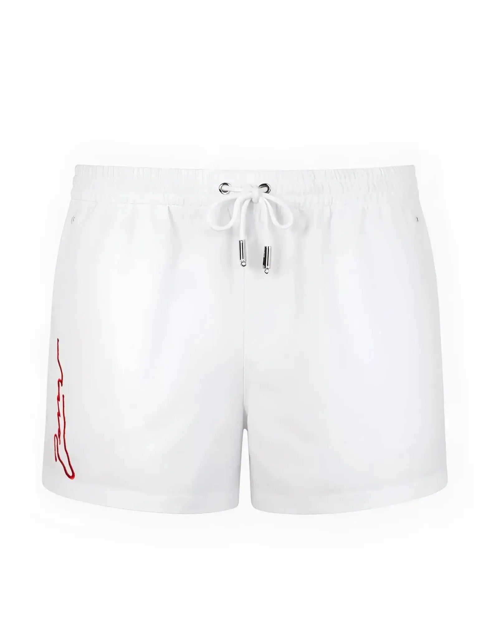 White 2EROS signature Byron swim shorts with red embroidered logo and silver-toned drawstring ties in Lido White
